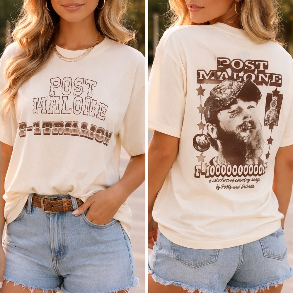 Post Malone Graphic Tee in Cream with Brown Print